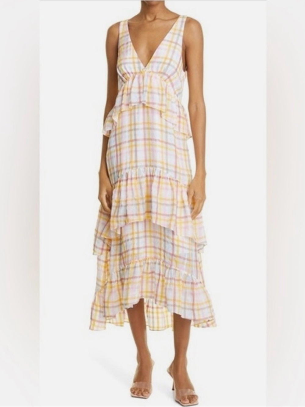 Cinq a Sept Astor Sleeveless Ruffled Tiered Midi Dress Size 12 Plaid Pastels